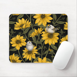 Mousepad Girassóis selvagens e aves douradas/ amarelas