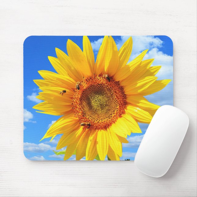 Mousepad Girassol Amarelo e Abelhas no Céu Azul - Dia do Ve (Com mouse)