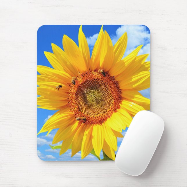 Mousepad Girassol Amarelo e Abelhas no Céu Azul - Verão (Com mouse)
