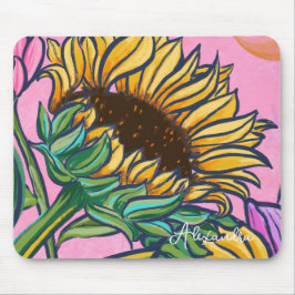 Mousepad Girassol Amarelo Pintado à Mão Rosa 