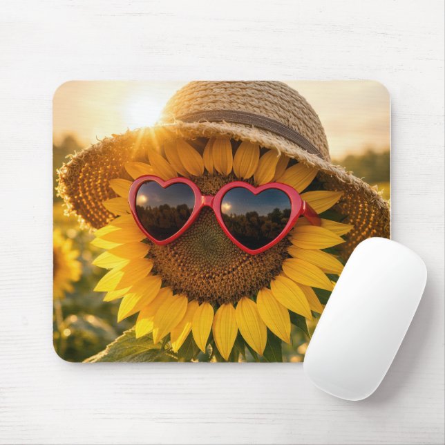 Mousepad Girassol Usando Óculos de Sol e Chapéu de Palha (Com mouse)