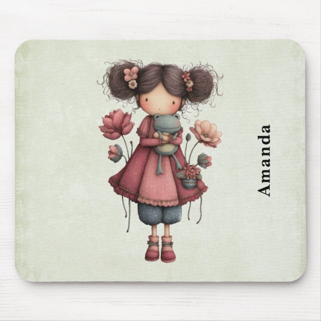Mousepad Girl with A Frog Doll Cute Whimsical (Frente)
