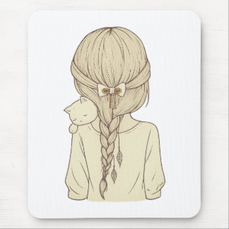 Mousepad Girl with Braid and Cat Illustration – Soft Pastel