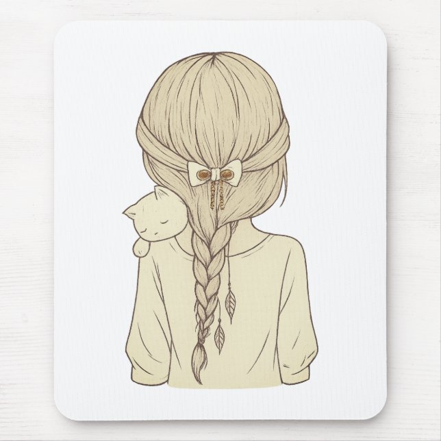 Mousepad Girl with Braid and Cat Illustration – Soft Pastel (Frente)