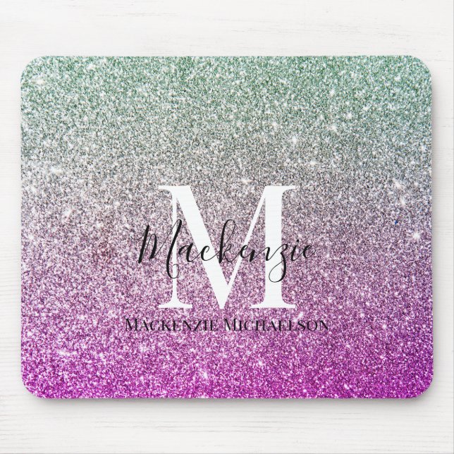Mousepad Girly Aqua Blue Pink Ombre Glitter Monograma (Frente)
