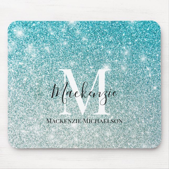 Mousepad Girly Aqua Blue Silver Ombre Glitter Monograma (Frente)