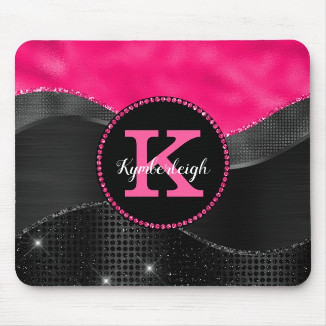 Mousepad Girly Black Gray Hot Pink Waves Glam Monogram Name (Frente)