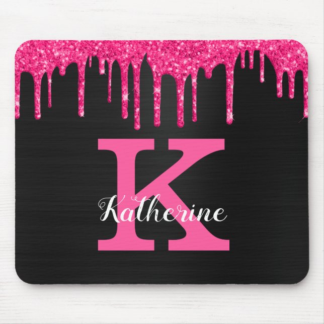 Mousepad Girly Black Hot Pink Glitter Drives Nome do Monogr (Frente)