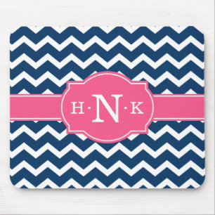 Mousepad Girly Blue Chevron Monograma Rosa