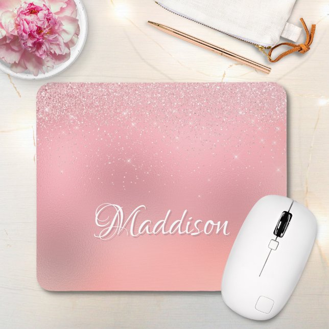 Mousepad Girly Blush Pink Silver Glitter Nome Personalizado (Criador carregado)