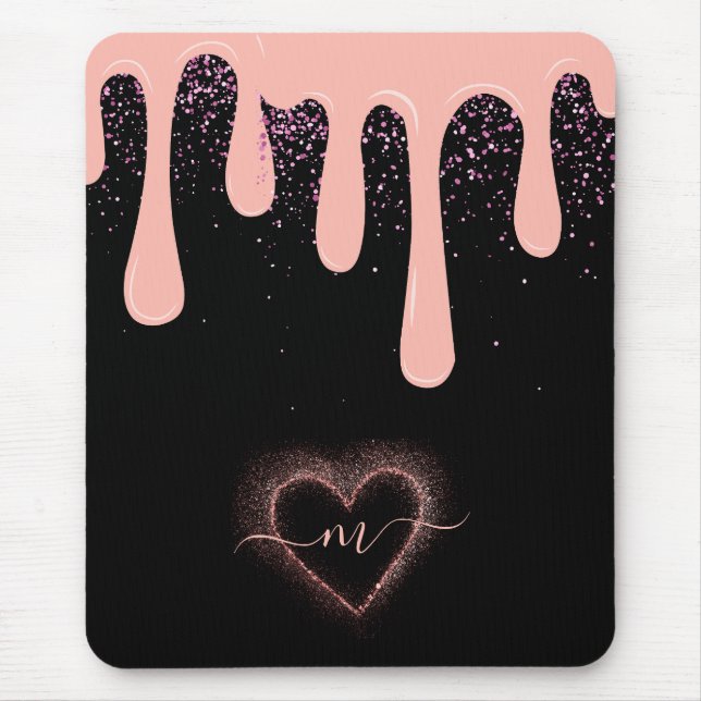 Mousepad Girly Blush Rosa Tinta Gotejamento Glitter Monogra (Frente)