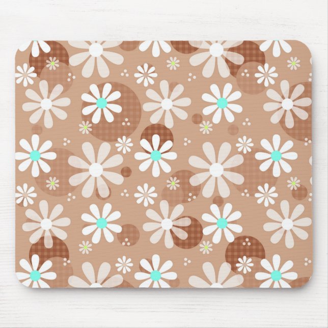 Mousepad Girly Brown Daisy Flower Pattern Cute Dots Aqua (Frente)