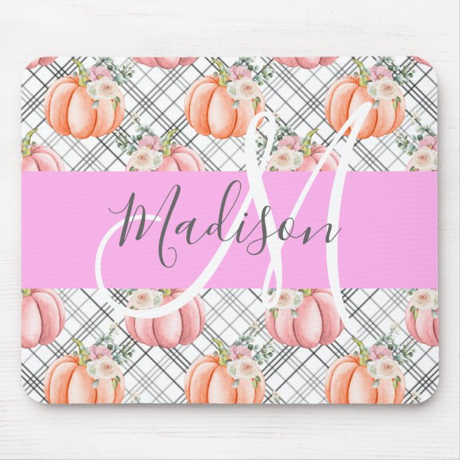Mousepad Girly Floral Gray Pink Peach Pumpkin Monogram Name (Frente)