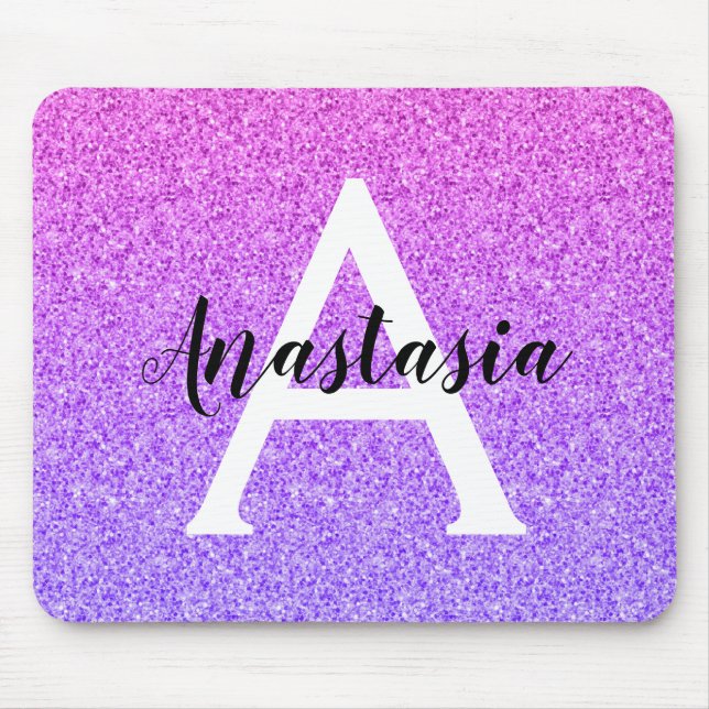 Mousepad Girly Glam Ombre Purple Glitter Sparkles Monogram (Frente)