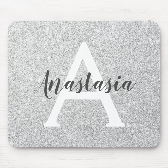 Mousepad Girly Glam Silver Glitter Sparkles Nome do Monogra (Frente)
