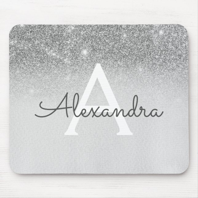 Mousepad Girly Glam Silver Sparkle Glitter Monograma (Frente)