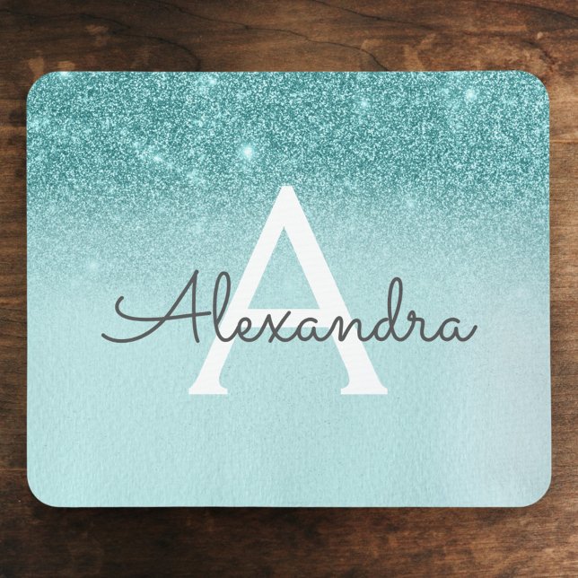 Mousepad Girly Glam Teal Blue Glitter Monograma (Criador carregado)