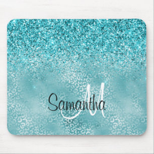 Mousepad Girly Glitz Aqua Turquoise Glitter Leopard Print