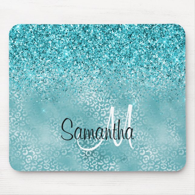 Mousepad Girly Glitz Aqua Turquoise Glitter Leopard Print (Frente)