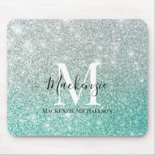 Mousepad Girly Green Silver Ombre Glitter Nome do Monograma