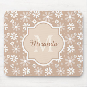 Mousepad Girly Monogramas Cute Tan Daisy Flowers and Name
