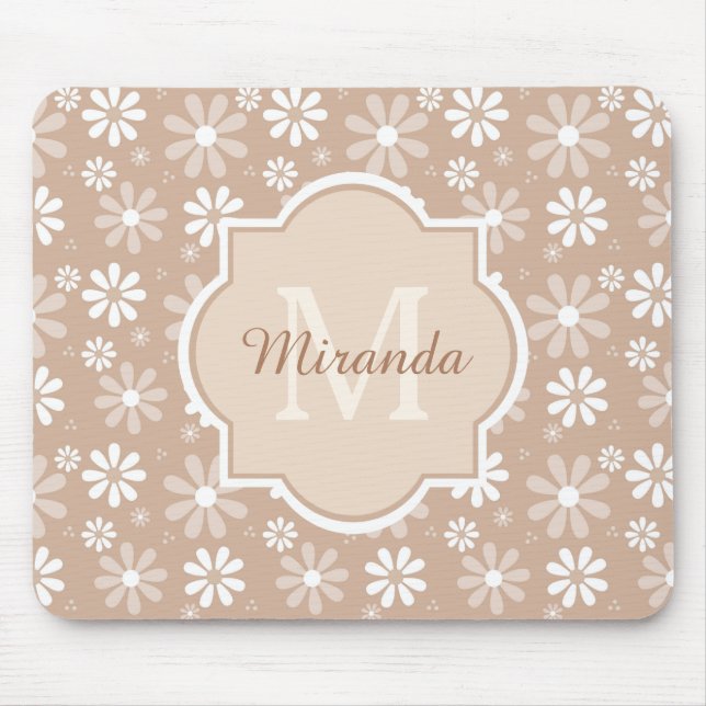 Mousepad Girly Monogramas Cute Tan Daisy Flowers and Name (Frente)