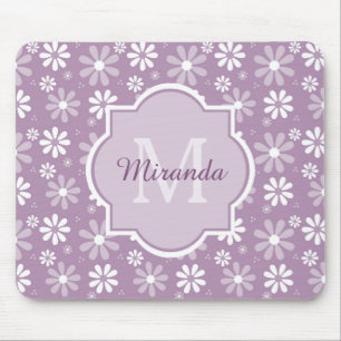 Mousepad Girly Monogramas Flores de Margarida Púrpura Leve 