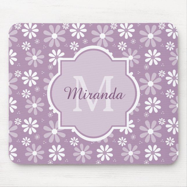 Mousepad Girly Monogramas Flores de Margarida Púrpura Leve  (Frente)
