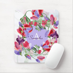 Mousepad Girly Monogrammed Sweet Pea Floral Watercolor