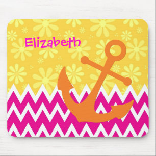 Mousepad Girly Pink Chevrons Orange Anchor Com Nome