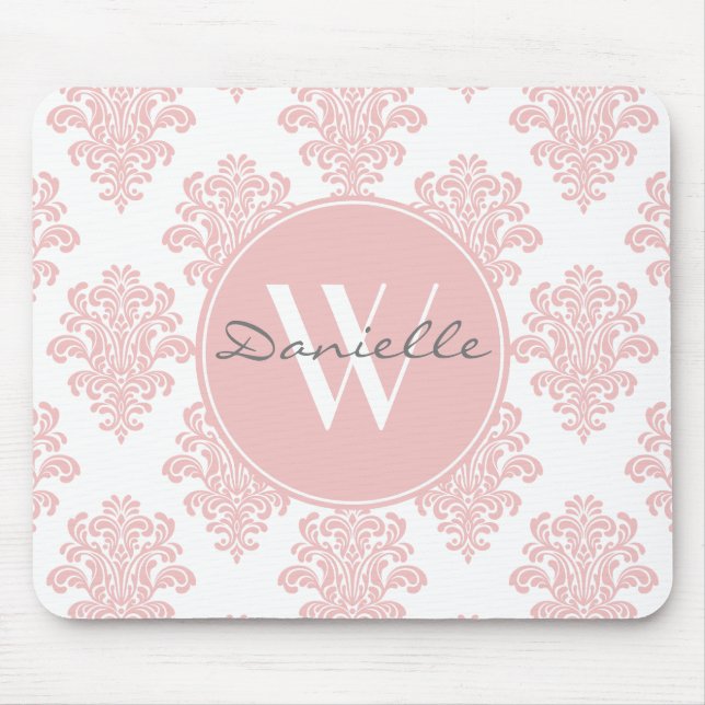 Mousepad Girly Pink Damask Monograma (Frente)