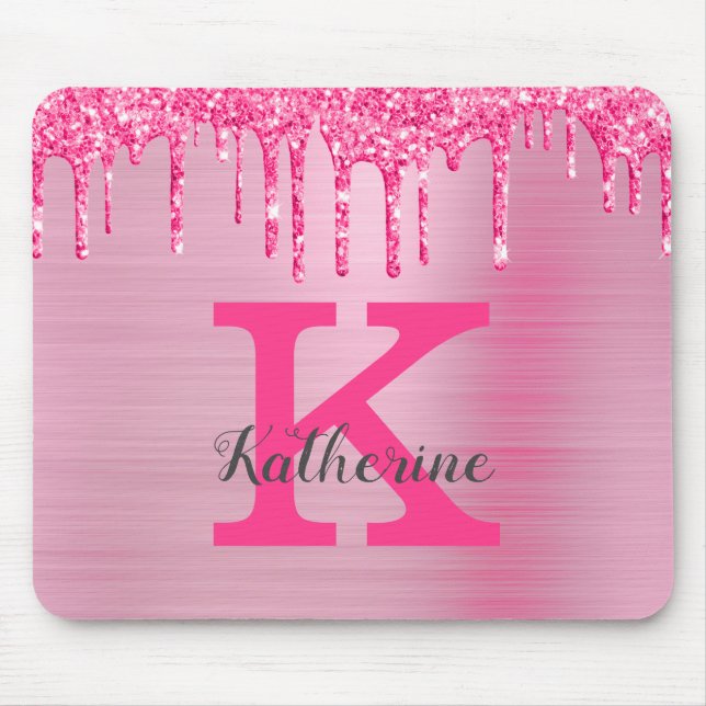 Mousepad Girly Pink Glitter Drivers Chic Glam Nome Monogram (Frente)