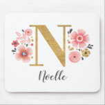 Mousepad Girly Pink Monograma<br><div class="desc">Uma bela e feminina pastilha floral cor-de-rosa, com flores cor-de-rosa e uma letra N de monograma dourada falsa. Personalize a pastilha do rato, acrescentando o seu nome abaixo do monograma. Faz um presente divertido para um amigo ou para uma dama de damas de honra. Projetado para você pelo Blackberry Boulevard....</div>