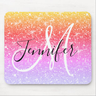 Mousepad Girly Rainbow Glitter Sparkles Nome do Monograma