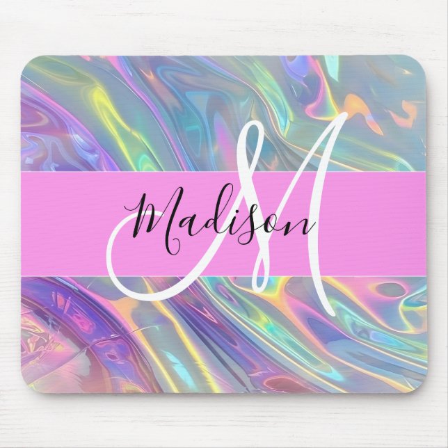 Mousepad Girly Rainbow Holographic Nome do Monograma Irides (Frente)