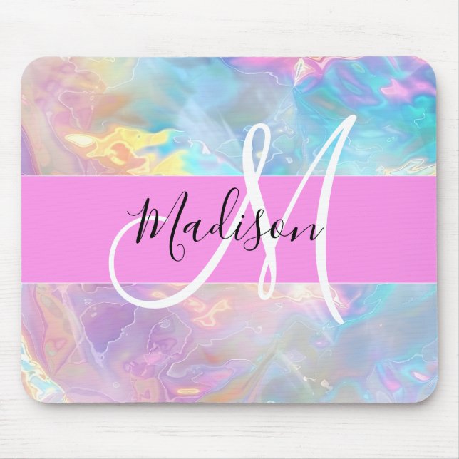 Mousepad Girly Rainbow Holographic Nome do Monograma Irides (Frente)
