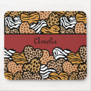 Mousepad Girly Red Playful Animal Print Hearts Name