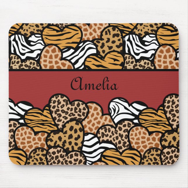 Mousepad Girly Red Playful Animal Print Hearts Name (Frente)