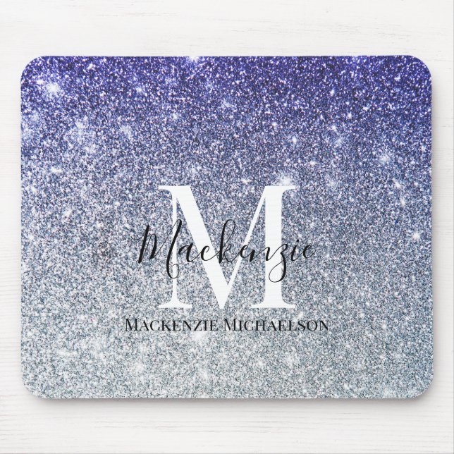 Mousepad Girly Silver Purple Ombre Glitter Nome do Monogram (Frente)