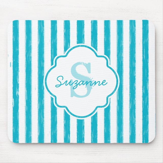 Mousepad Girly Turquoise Pains Stripes Monograma e Nome (Frente)