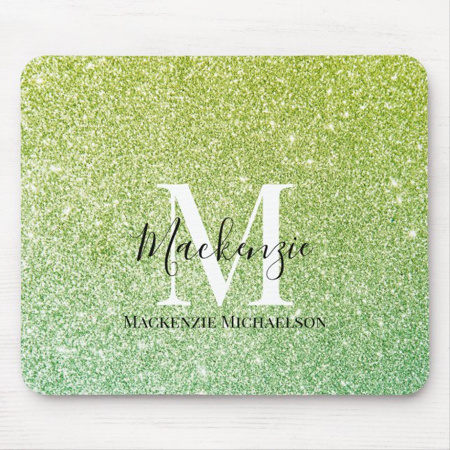 Mousepad Girly Yellow Green Ombre Glitter Nome Monograma (Frente)