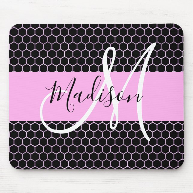 Mousepad Glam Black Metalk Pink Honeycomb Monograma Nome (Frente)