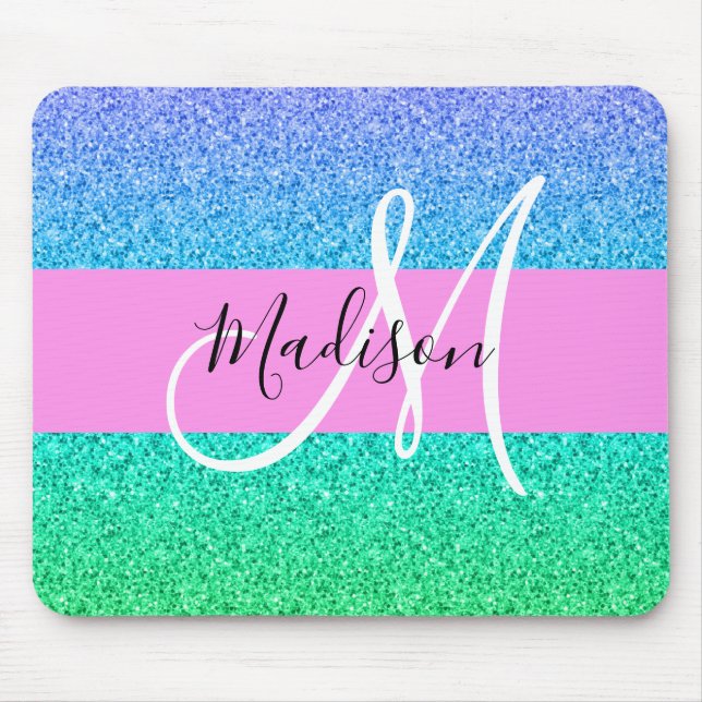 Mousepad Glam Blue Green Glitter Sparkle Gradient Monogram (Frente)