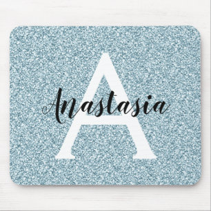 Mousepad Glam Blue Silver Glitter Sparkles Monogram Name