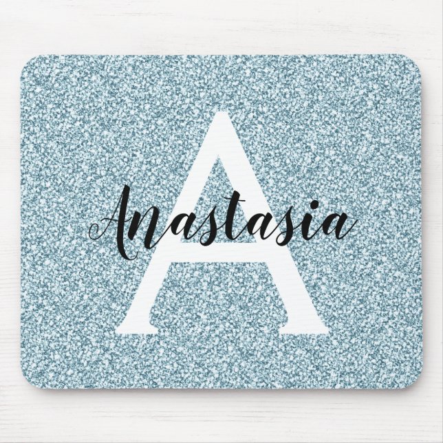 Mousepad Glam Blue Silver Glitter Sparkles Monogram Name (Frente)