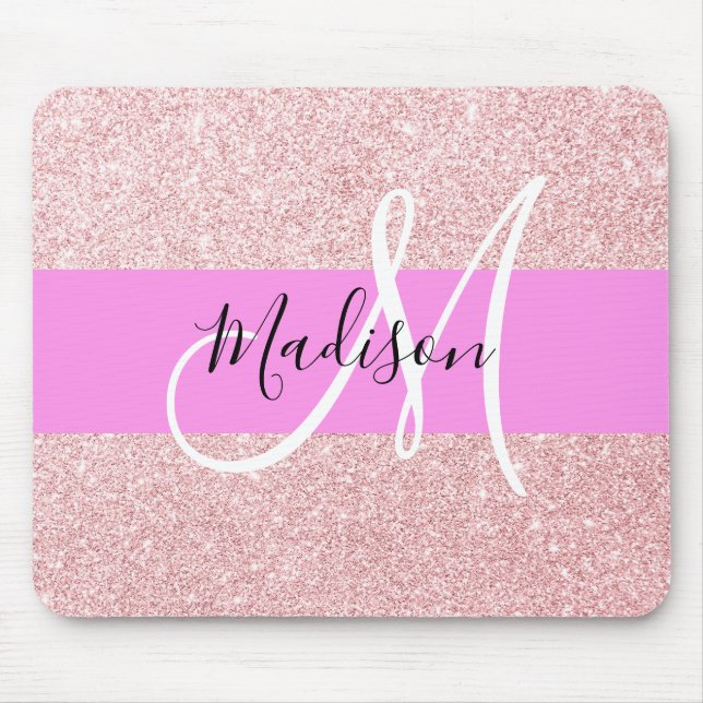 Mousepad Glam Blush Rosa Dourado Brilho Monograma (Frente)