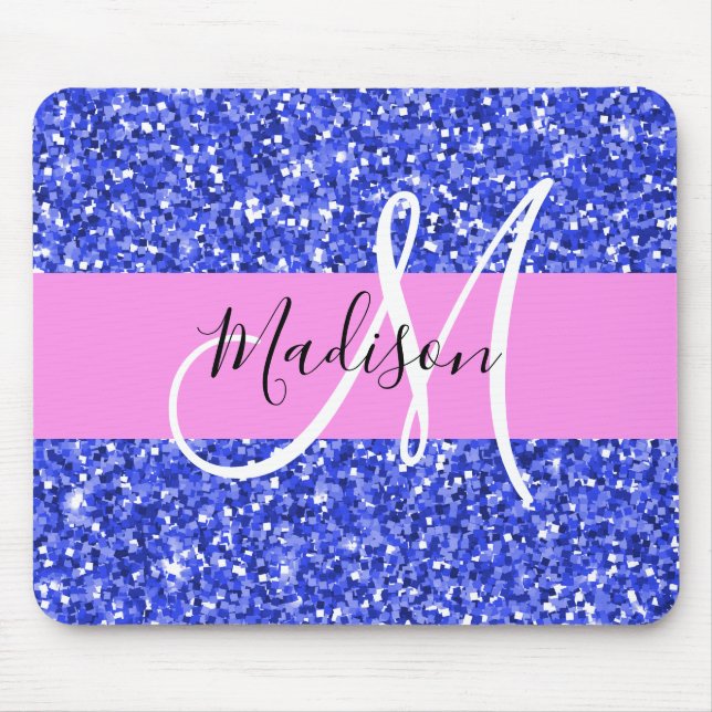 Mousepad Glam Dark Blue Glitter Sparkles Nome Monograma (Frente)