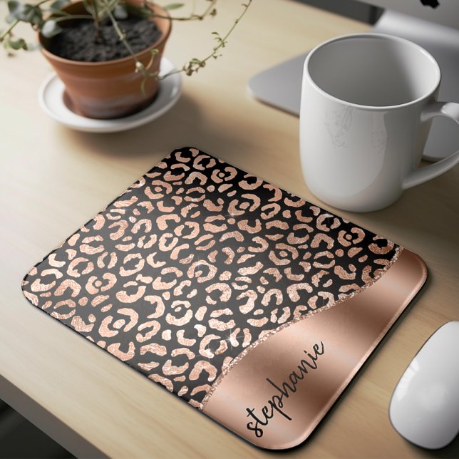 Mousepad Glam Faux Foil Leopard Spots Rosa Dourado Nome Neg (Criador carregado)