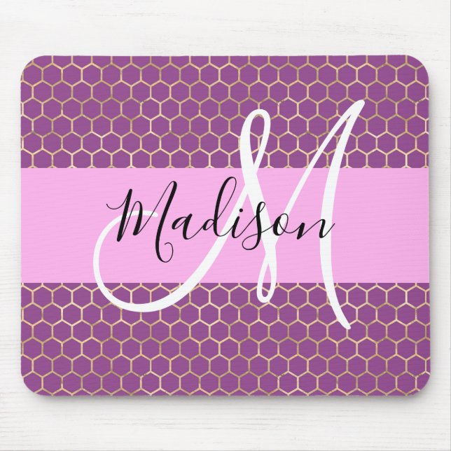 Mousepad Glam Fuchsia Pink Metálico Honeycomb Monograma (Frente)