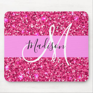 Mousepad Glam Girly Hot Pink Glitter Sparkles Nome Monogram